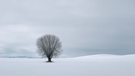 A stunning scene of a solitary tree in a vast snowy landscape, surrounded by an overcast sky, evoking feelings of tranquility and solitude.の素材