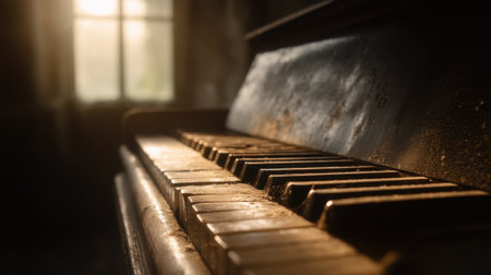 Explore the serene beauty of a dusty vintage piano capturing the essence of an abandoned space, where warm light enhances nostalgia and emotion.の素材
