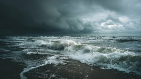 A captivating view of tumultuous ocean waves crashing against the shoreline under a moody, overcast sky, portraying nature's raw power and beauty.の素材