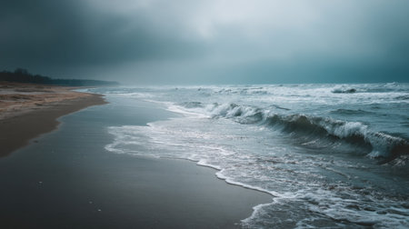 A tranquil coastal scene captures dark clouds above gentle waves rolling onto a sandy beach, creating a serene atmosphere during dusk.の素材
