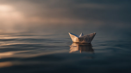 A serene paper boat gently floats on calm waters, capturing a moment of tranquility and reflection at dusk. Perfect for themes of peace and simplicity.の素材