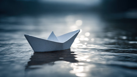 A minimalist image of a delicate paper boat gently floating on calm water at sunrise, embodying tranquility and creativity in nature.の素材