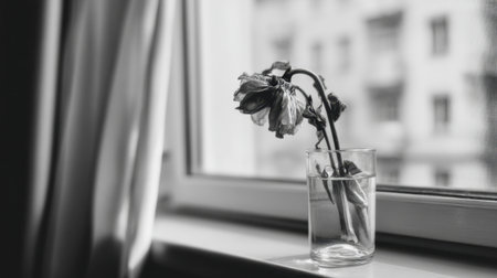 A delicate wilted flower stands in a glass of water on a windowsill, capturing the essence of beauty in decay under soft light.の素材