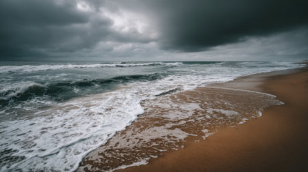 A dramatic beach scene showcases a calm shoreline with dark clouds looming overhead and gentle waves lapping at the sand. The atmosphere captures the beauty and serenity of nature.の素材