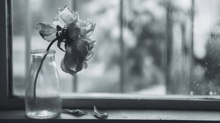 A delicate flower rests in a glass bottle against a rainy window, showcasing a serene moment captured in monochrome tones.の素材