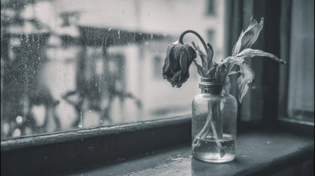 A monochrome image of a dried flower arrangement in a glass jar, set against a rain-soaked window, evoking nostalgia and beauty.の素材