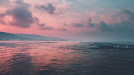This serene ocean landscape captures a breathtaking sunset with gentle waves reflecting vibrant hues of pink and blue in the sky.の素材