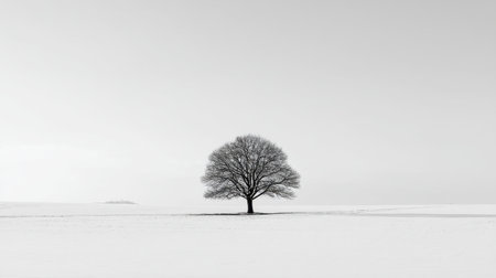 A solitary tree stands in a vast, snow-covered landscape, creating a striking contrast against a soft gray sky. The minimalistic scene evokes feelings of peace and tranquility, ideal for showcasing the beauty of nature in wintertime.の素材
