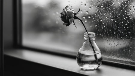 A black and white image featuring a single rose in a glass jar filled with water, set against a rain-streaked window, evoking a tranquil and melancholic atmosphere.の素材