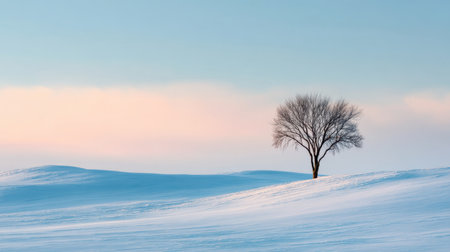 A serene winter landscape showcases a solitary leafless tree standing on gentle snowy hills. The scene embodies tranquility and beauty at dusk.の素材