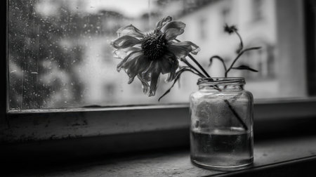 A striking black and white photograph featuring a delicate flower in a glass jar on a windowsill, with raindrops enhancing its beauty and mood.の素材