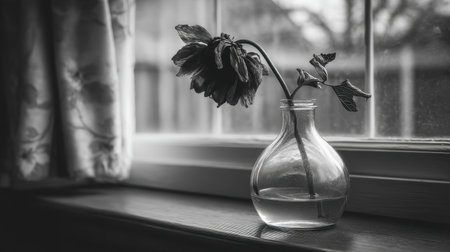 A striking monochrome image captures the essence of beauty and decay, featuring a wilted flower in a delicate glass vase on a windowsill.の素材