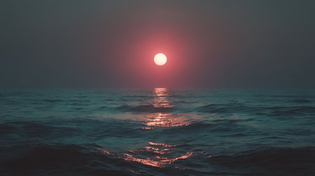 A beautiful sunset casts a warm glow over the tranquil ocean. Soft waves ripple under a hazy sky, creating a peaceful and serene atmosphere.の素材