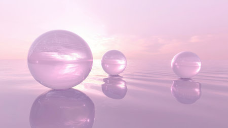 This captivating image features ethereal pink spheres floating on calm water, creating a serene and dreamy atmosphere. The soft colors evoke tranquility and beauty.の素材