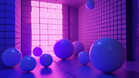 This vibrant and abstract scene features floating balls in a neon-lit room, showcasing modern design and creative ambiance. Perfect for graphic projects.の素材