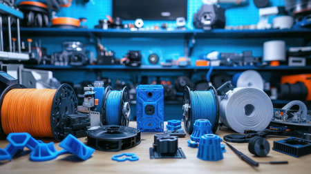 A vibrant 3D printing studio showcases a variety of colorful filaments and tools, highlighting creativity and innovation in design and prototyping.の素材
