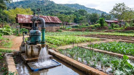 A rural water pump actively irrigates lush vegetable fields, showcasing sustainable agriculture amidst rolling hills and vibrant greenery.の素材