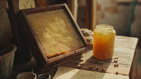 A rustic scene featuring a jar of golden honey and a honeycomb on a wooden table. The warm sunlight and natural textures create an inviting atmosphere perfect for food lovers.の素材