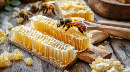 A close-up image showcases a bee perched on a honeycomb, surrounded by fresh honey and wooden utensils, celebrating nature's sweetness and natural beauty.の素材