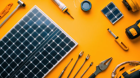 A vibrant flat lay composition featuring solar panel installation tools, showcasing a variety of equipment against a bright yellow backdrop. Perfect for renewable energy themes.の素材
