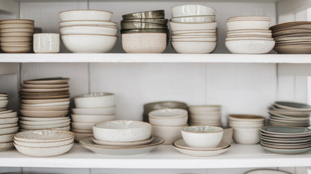 A beautifully arranged collection of ceramic bowls and plates in neutral tones. This image showcases a minimalist shelf design perfect for home decor inspiration and kitchen styling.の素材