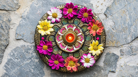 This stunning image features a colorful floral decoration with blooming flowers and diyas, set against a textured stone wall, perfect for cultural and festive themes.の素材