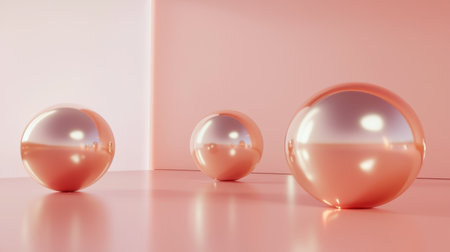 Soft pink environment featuring three glossy spheres, reflecting light and creating a serene, modern aesthetic. Ideal for art and design projects.の素材