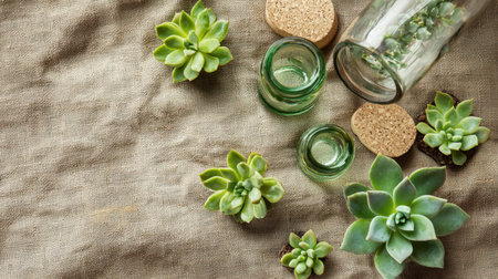 A serene arrangement of various succulent plants alongside glass bottles with cork stoppers on a textured linen fabric backdrop, ideal for home decor inspiration.の素材