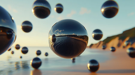 A captivating scene featuring reflective spheres floating above a tranquil beach, showcasing stunning sunsets and serene landscapes that evoke peace and beauty.の素材