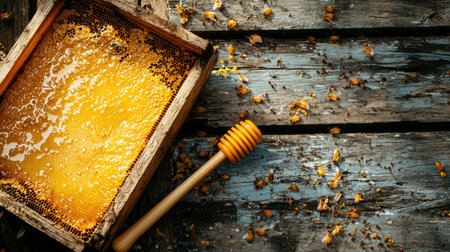Captivating image of fresh honeycomb filled with golden honey, accompanied by a honey dipper, set against a rustic wooden background, evoking natural sweetness.の素材