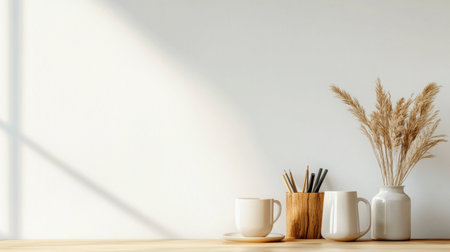 A serene minimalist workspace featuring elegant cups, dried flowers, and stationery. The warm wooden table and soft sunlight create a tranquil environment for creativity and productivity.の素材