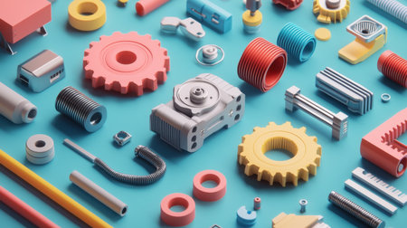 A vibrant 3D render featuring a variety of mechanical components arranged in an artistic layout. Ideal for industrial and engineering themes.の素材