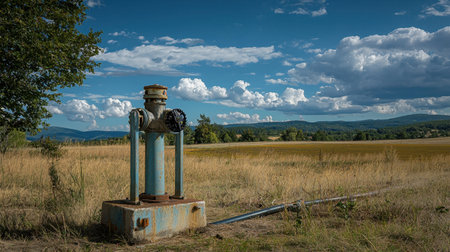 A vintage water pump stands alone in a serene rural landscape, surrounded by golden grass and under a bright blue sky filled with fluffy clouds, evoking nostalgia.の素材
