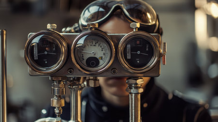 A detailed close-up of industrial pressure gauges with an operator in the background, showcasing the essential tools used in machinery and engineering processes.の素材