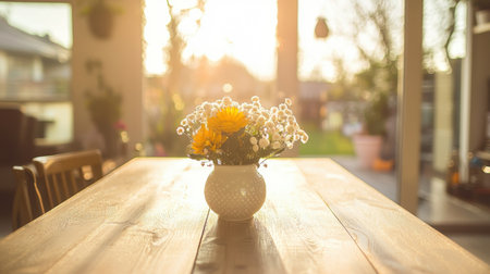 A lovely flower arrangement featuring vibrant blooms in a sunlit indoor space. This cozy setting with a wooden table creates a warm and inviting atmosphere.の素材