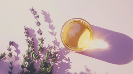 A serene setup featuring lavender essential oil in a glass jar next to delicate lavender flowers. Perfect for promoting relaxation and natural beauty routines.の素材