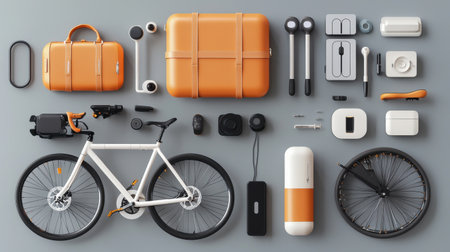 A visually appealing arrangement of bicycle accessories and gadgets on a grey background. This flat lay features modern travel gear, headphones, and minimalist designs.の素材