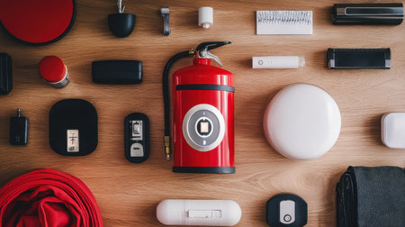 A visually appealing arrangement featuring a bright red fire extinguisher alongside various essential office tools on a wooden surface, highlighting safety and organization.の素材