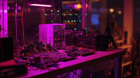 A vibrant electronics workstation filled with circuit boards, wires, and colorful lights. Ideal for showcasing innovation and technology in modern settings.の素材