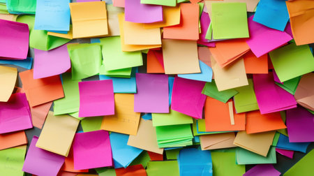 A vibrant and colorful assortment of sticky notes creates a lively backdrop. The disarray of colors showcases creativity and organization tools ideal for offices and study spaces.の素材