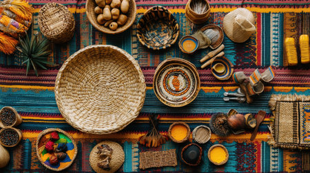 A vibrant flat lay of traditional crafts and textiles showcasing colorful handmade items, patterns, and natural materials, perfect for artistic inspiration.の素材
