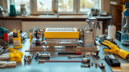 A close-up of a well-organized laboratory workspace featuring various tools and equipment. The image showcases innovative technology and precision instruments.の素材