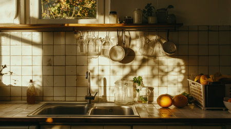 A sunlit kitchen captures warm shadows and fresh produce, perfect for evoking a cozy domestic atmosphere. Ideal for lifestyle and cooking themes.の素材