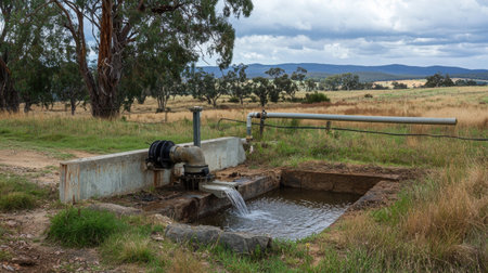 A serene water pump station is situated in a rural landscape, surrounded by lush green fields and distant mountains under a cloudy sky.の素材