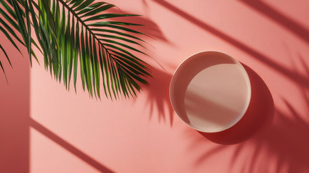 A serene composition of a minimal plate against a pink wall, complemented by the shadows of a tropical leaf, creates a vibrant and artistic aesthetic ideal for dの素材