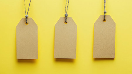 Three blank kraft paper tags hang on a bright yellow background, perfect for labeling gifts or organizing items. Ideal for crafting or marketing purposes.の素材