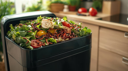 A filled compost bin showcases a vibrant mix of garden waste, including fresh vegetables, herbs, and food scraps. A perfect display of eco-friendly waste management.の素材