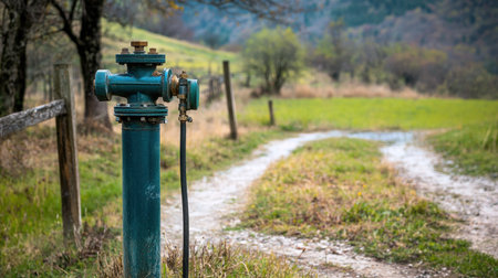 A blue fire hydrant stands beside a dirt path in a tranquil rural setting, showcasing lush green grass and surrounding trees, perfect for nature lovers.の素材