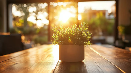 A serene and vibrant indoor plant bathed in sunlight sits on a wooden table, evoking feelings of tranquility and harmony in a modern living space, perfect for home dの素材