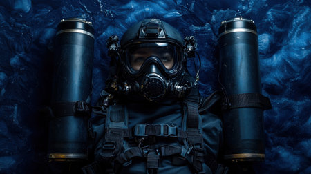 A diver dressed in full gear rests against dark ocean waves at night. The scene captures the essence of underwater exploration and the mysteries of the deep.の素材